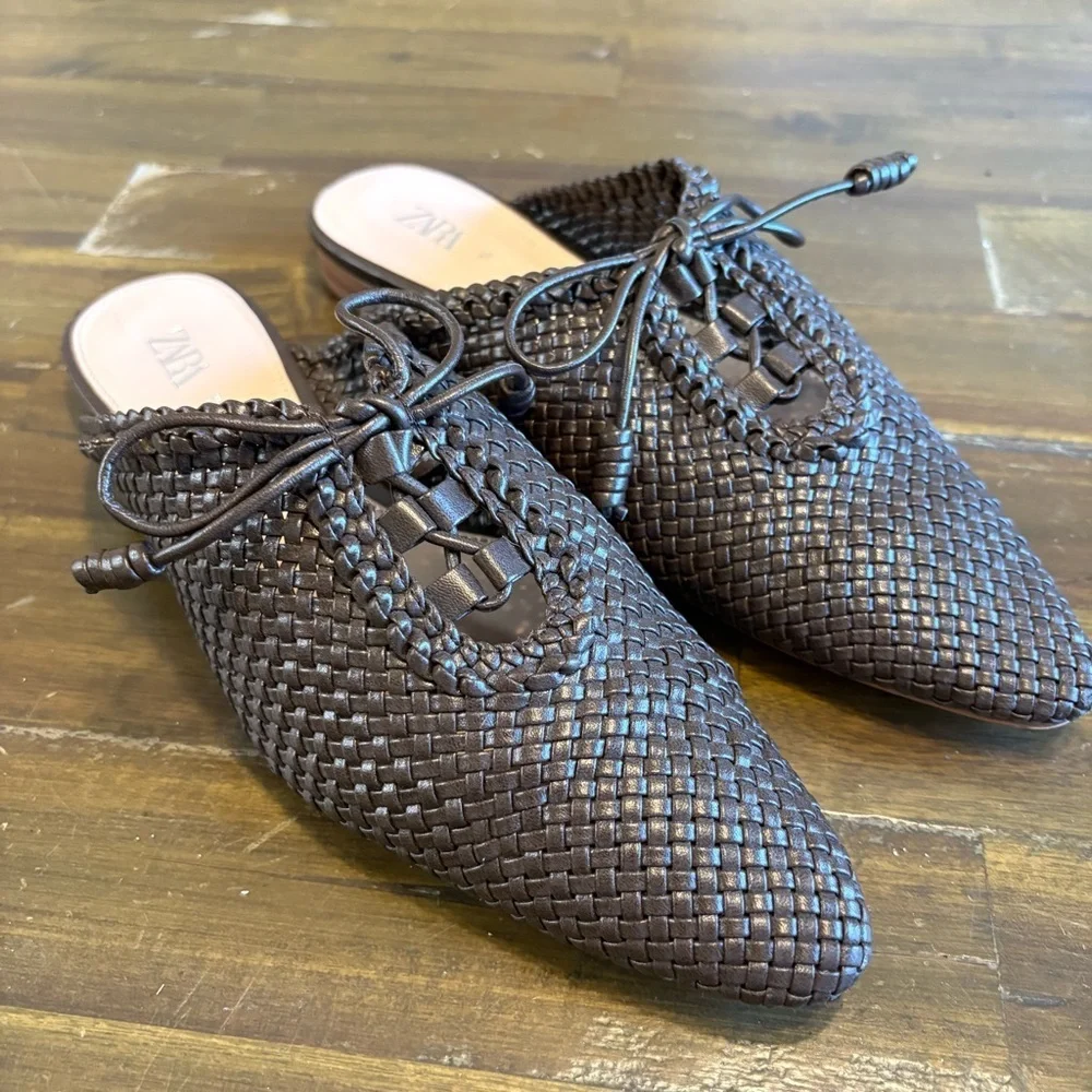 ZARA BRAIDED WOVEN FLAT MULES BROWN TIE BOW SLIDES SANDALS 38 BASKET WEAVE